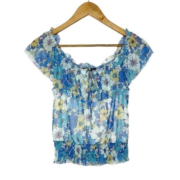 Fortune + Ivy x Stitch Fix Ozzy Short Sleeve Mesh Knit Top Blue Floral NWT - Picture 1 of 13